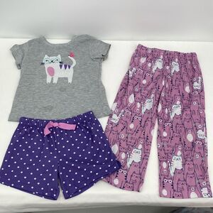 Carter's 5T Cat Pajamas Set 3 Piece Short Sleeve Shirt Shorts Pants Purple